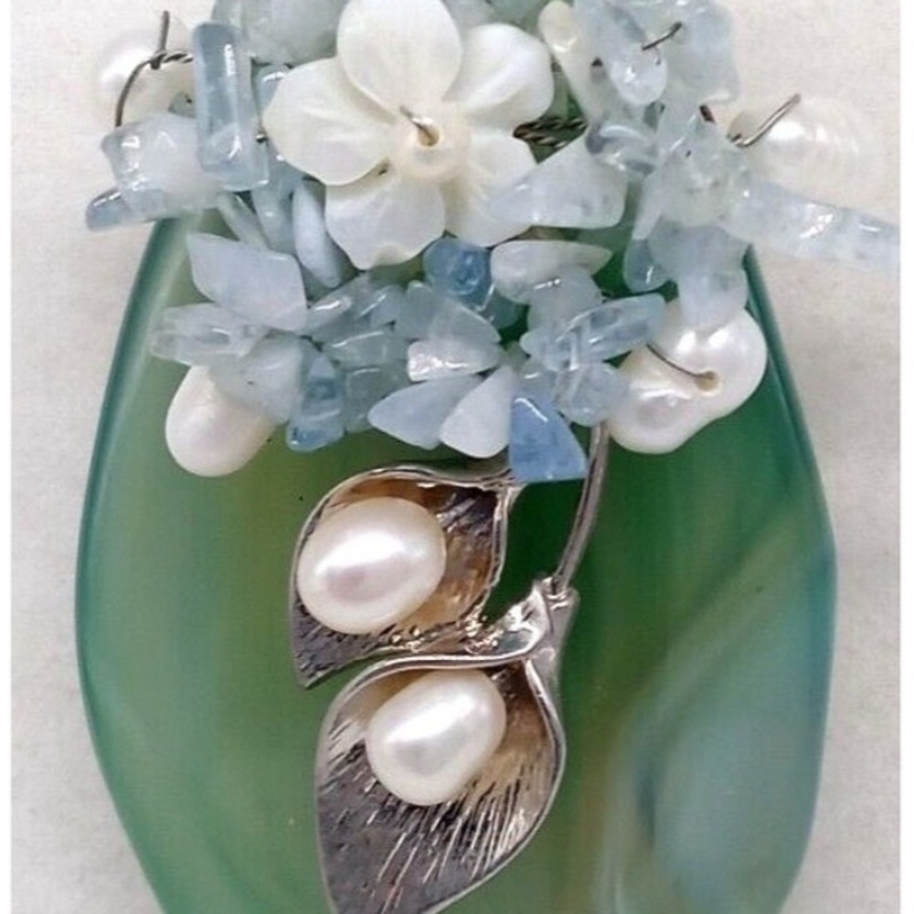 45 Green Glass Stone Pendant Brooch Pin Silver Tone Faux Pearls Flower Blue YZ